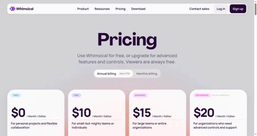 Whimsical 定价或产品页展示 AI 动作额度与协作功能
