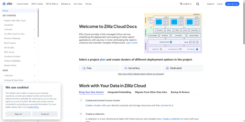 Zilliz Cloud Developer Hub 的 Quickstart 文档展示上手流程