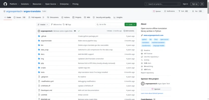 Argos Translate 仓库首页截图