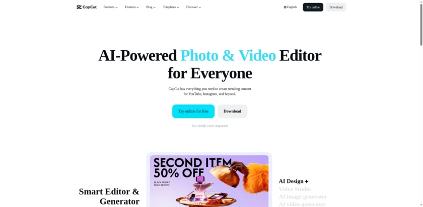 CapCut AI 官网首页截图