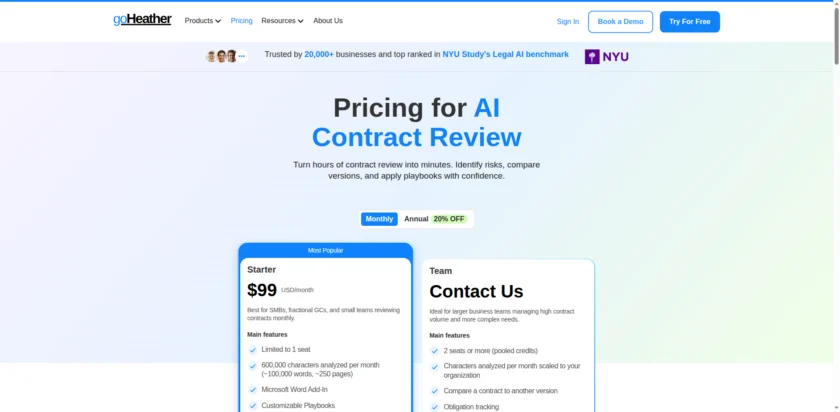 goheather - Pricing for AI Contract Review