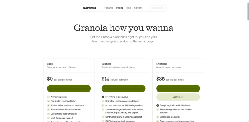 granola - Pricing plans