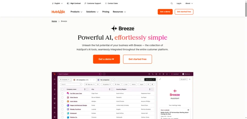 HubSpot AI 官网首页截图