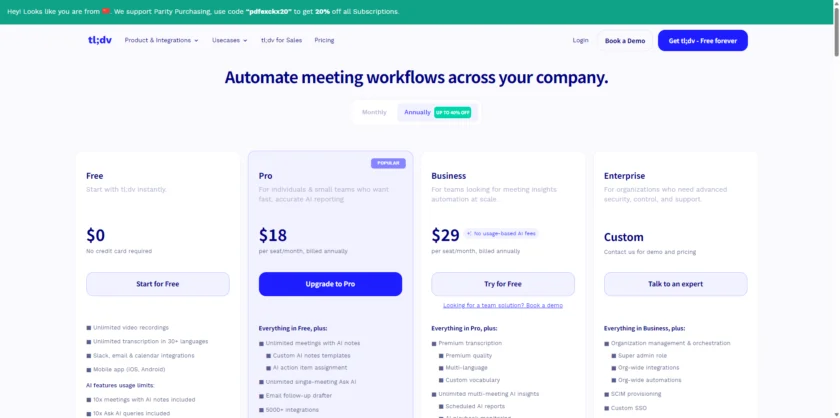 tldv Pricing: Start Free. Compare Plans & Features