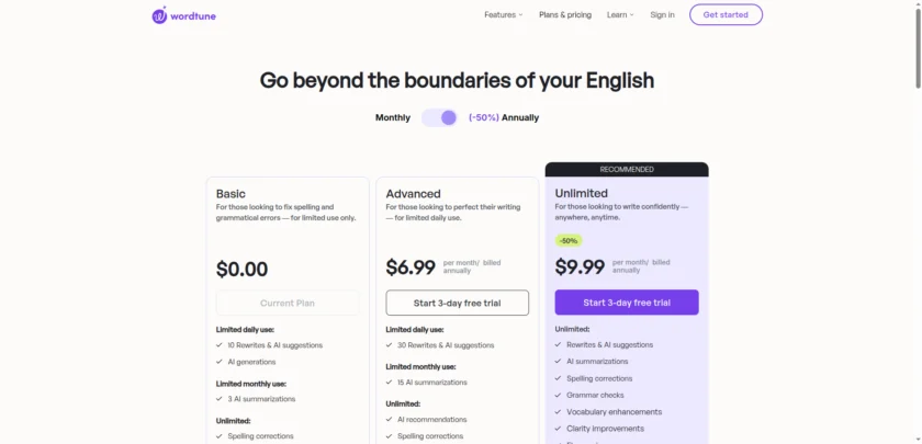 Wordtune Pricing and Plans